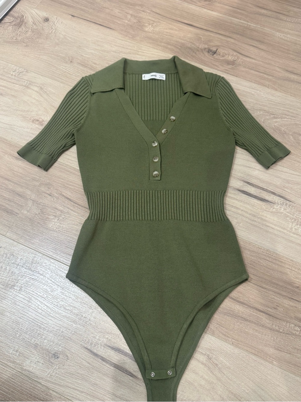 Mango Olive Ribbed Polo-Style Short Sleeve Bodysuit